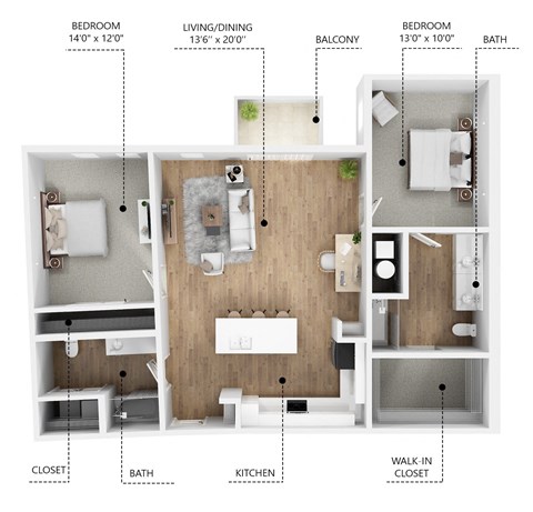 Floor plan for 2 beds, 2 baths, 1115 sqft